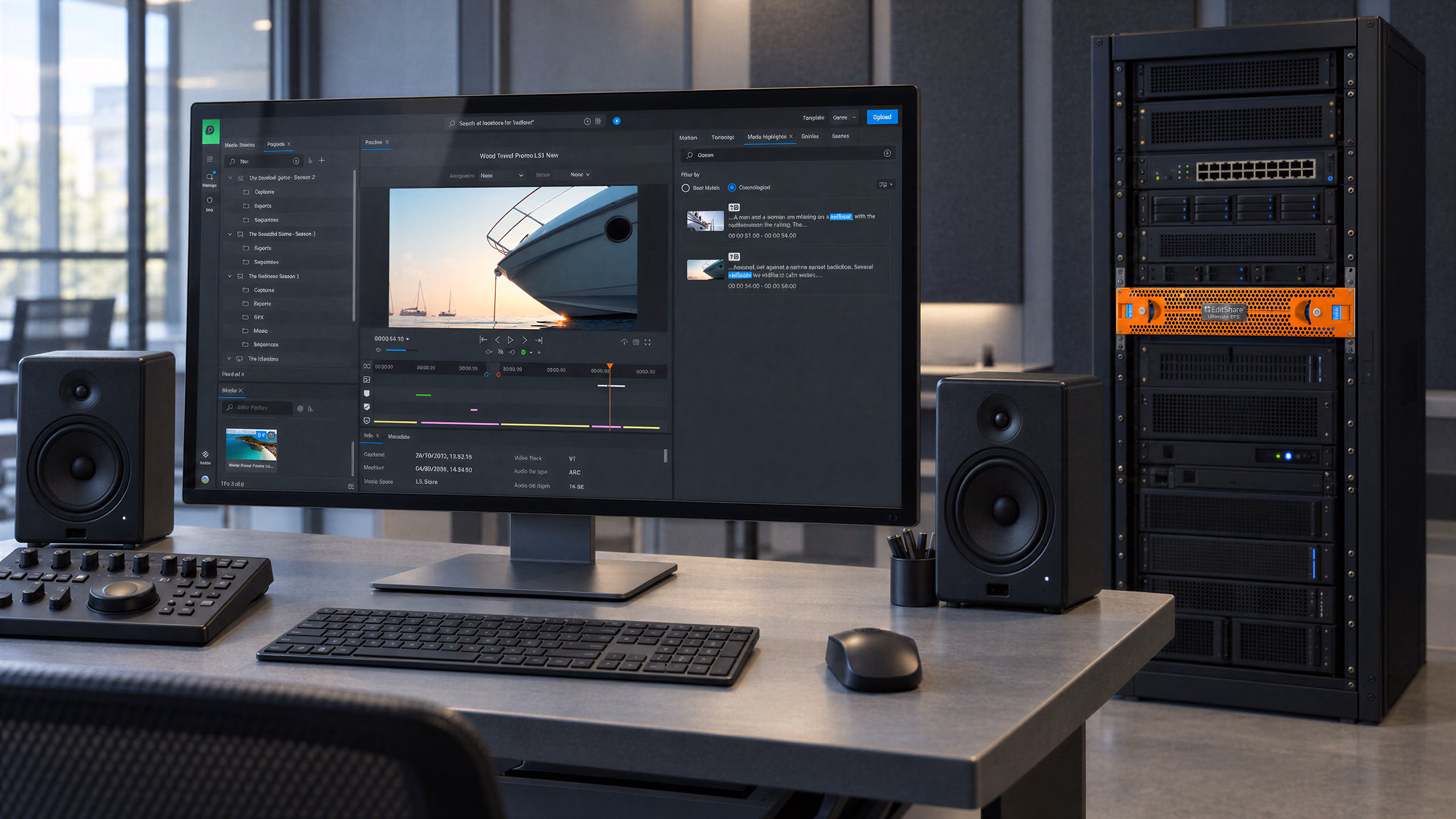 FLOW media management on a studio monitor beside a floor rack with an EditShare Ultimate EFS 210