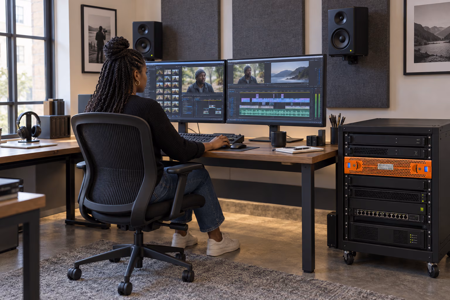 Editor at a dual-monitor desk beside a rack with an EditShare Ultimate EFS 210