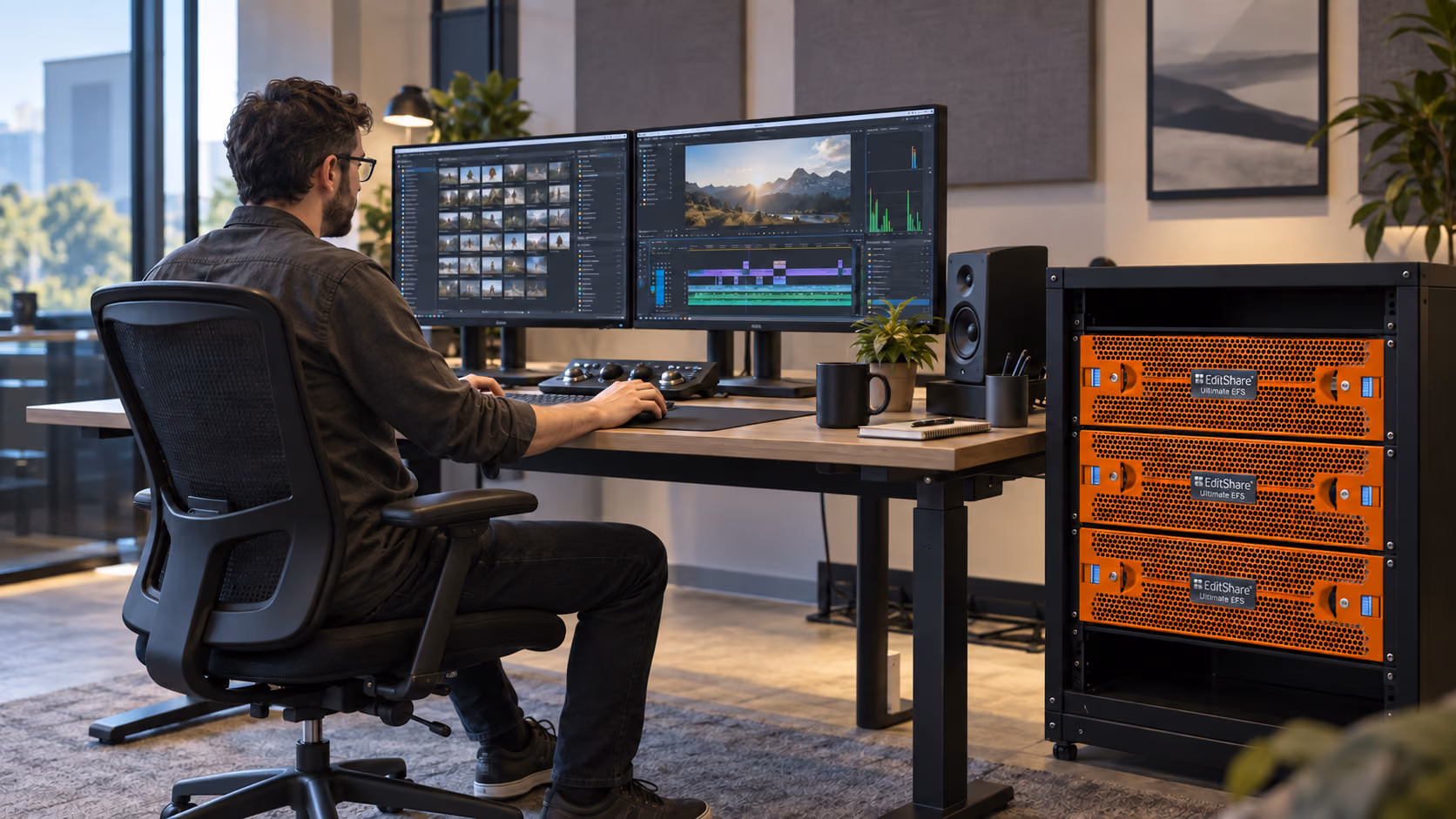 Editor at a dual-monitor desk beside a rack of EditShare Ultimate EFS nodes