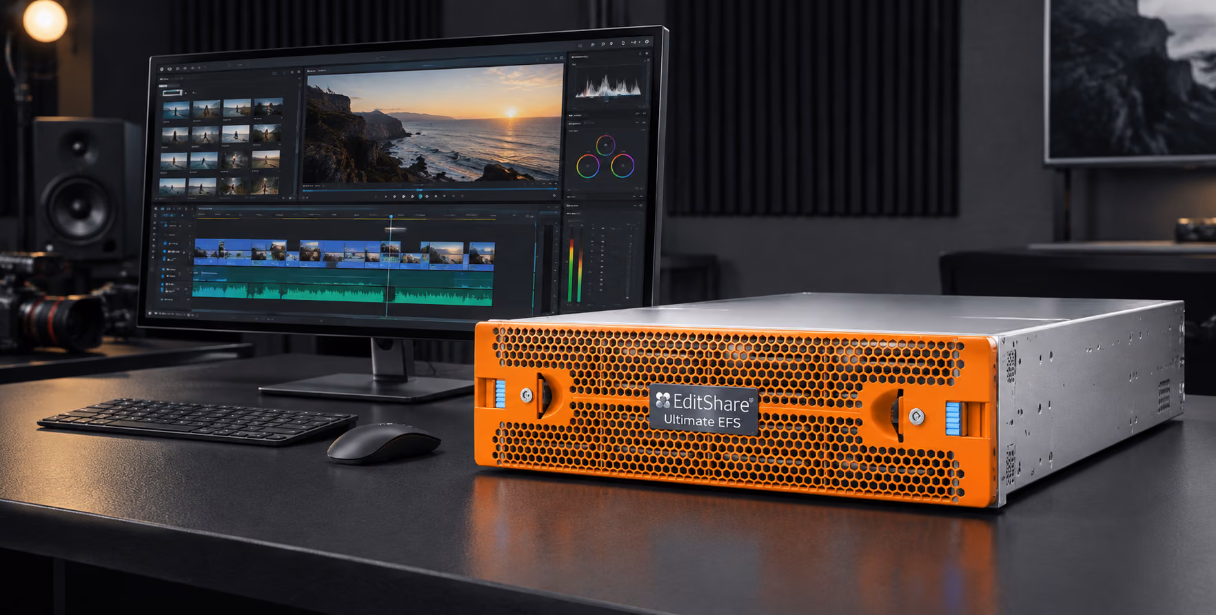 EditShare Ultimate EFS 310 beside an editing workstation