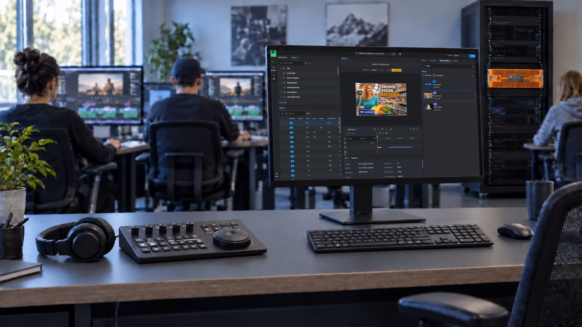 Editors at workstations in a facility, with FLOW on the main monitor and an EditShare rack behind