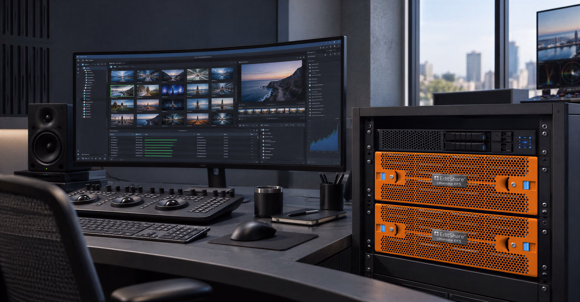 EditShare Ultimate EFS 410 nodes in a rack beside an editing suite