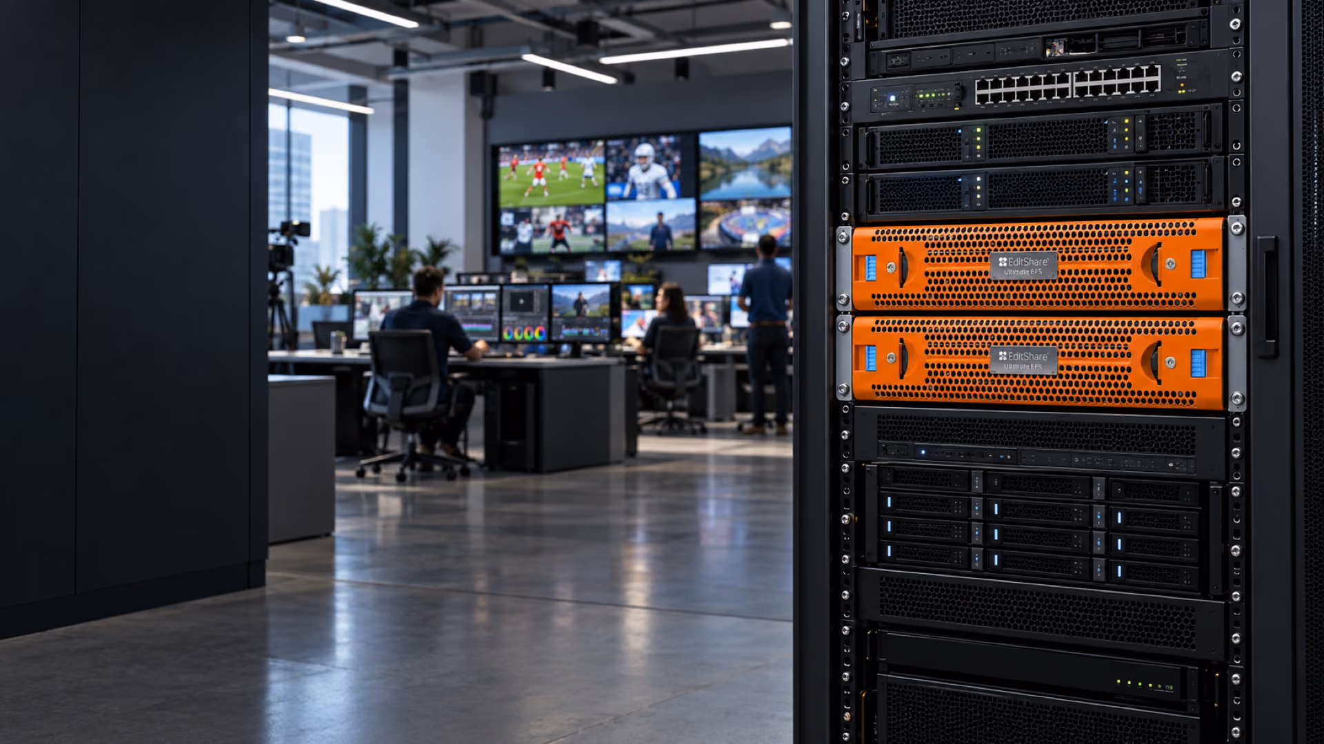 Ultimate EFS nodes in a server rack, with a broadcast facility and editors in the background