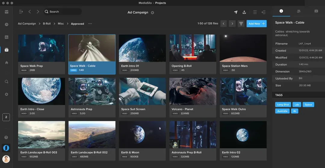 MediaSilo browse, filter, and search interface