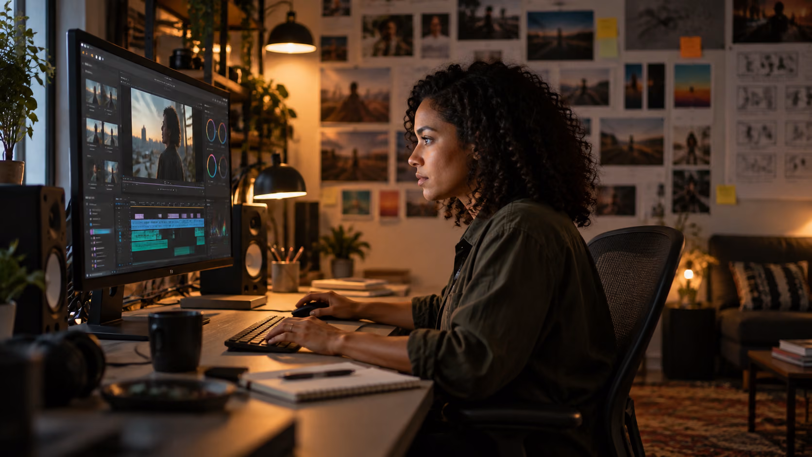 Editor working in a dimly lit edit suite